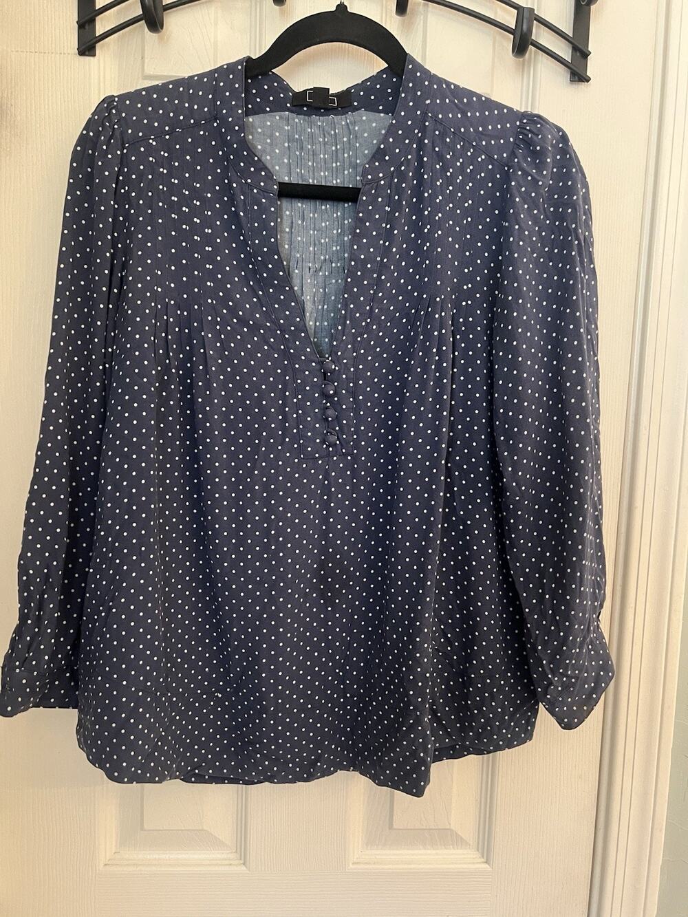 AYR Size S Navy Blue White Polka Dot V-Neck Long Sleeve Blouse Office Casual